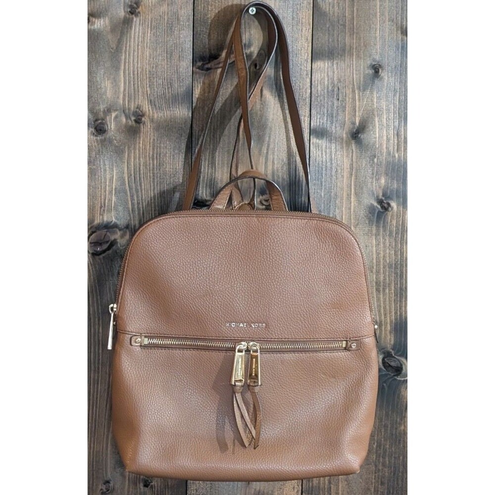 Michael Kors Jaycee Pebbled Leather Backpack Tan Luggage Brown Front Zip Medium